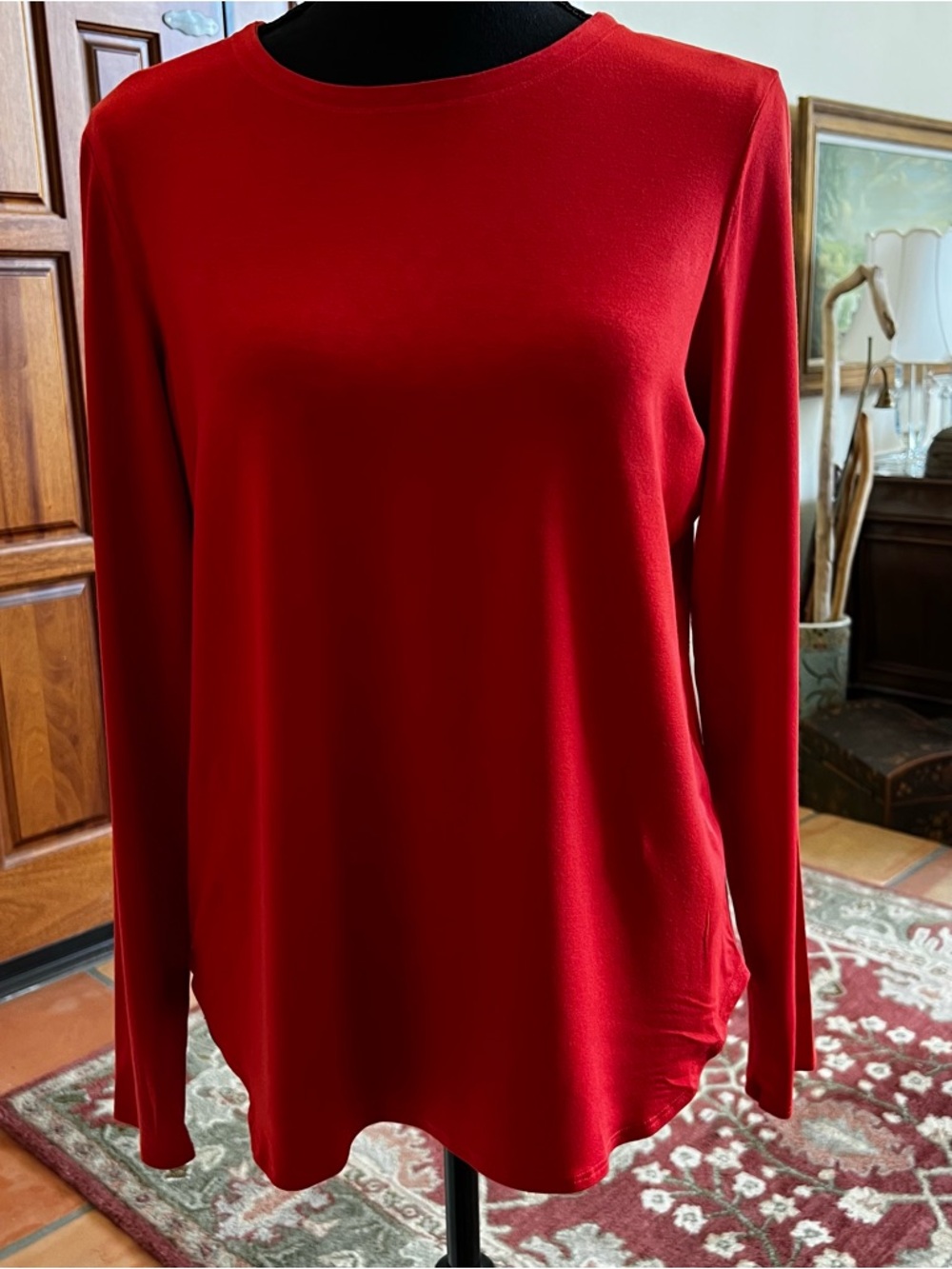 Eileen Fisher Top Women’s Long Sleeve Spandex Viscose Round Neck Tunic Red Med